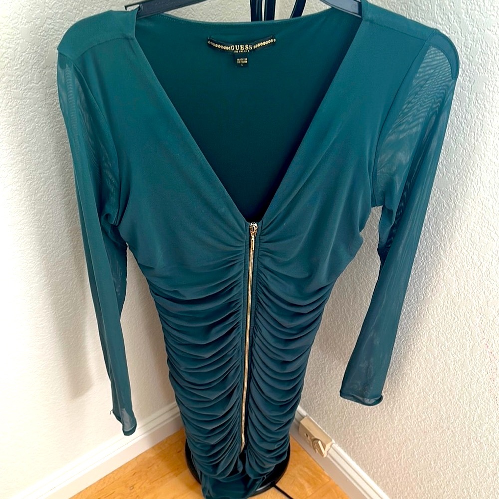 Guess Deep Teal Ruched Dress with Front Zipper